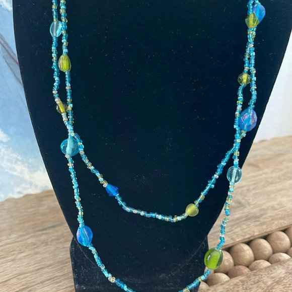 Beaded long necklace glass blue green boho casual - Picture 6 of 10